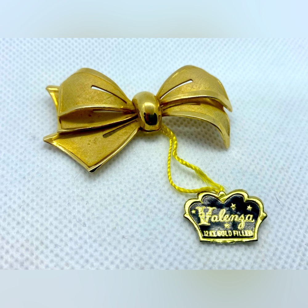 Vintage NOS Signed Valenza Brushed Gold Bow Shape Brooch Pin, 1/20 12k GF